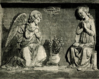 Anunciación, por Andrea Della Robbia (1435-1525 o 1528), oratorio de la Madonna del Buon Consiglio, Prato, Toscana, Italia, xilografía de Le cento città d