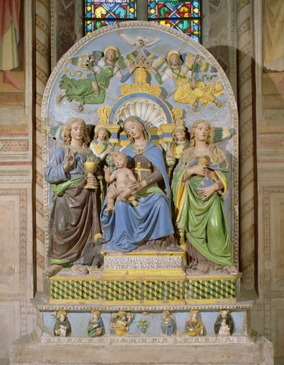 Virgen con el Niño entronizado, retablo de la Capilla de los Médicis (loza vidriada estannífera) de Andrea Della Robbia