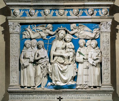 Madonna y Niño con Santos, por Andrea della Robbia (1435-1525), terracota vidriada, Capilla Medici, Iglesia de Santa Croce, Florencia, Italia de Andrea Della Robbia