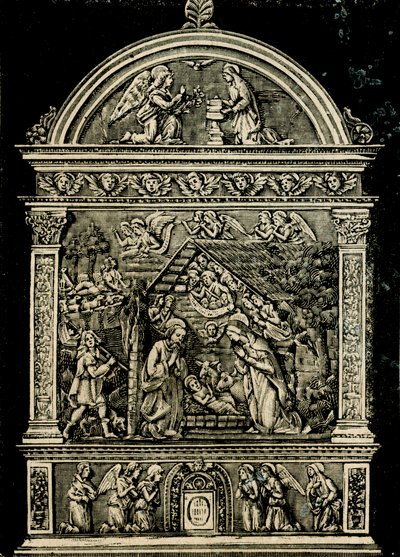 Natividad, retablo de terracota por Andrea della Robbia, de la iglesia de Santa Clara, Museo Cívico de Sansepolcro, Toscana, Italia, xilografía de Le cento città d