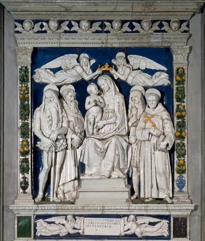 La Virgen del Refugio La Virgen María y el Niño Jesús rodeados por San Onofre el Anacoreta, San Antonio el Grande, Santa María Magdalena y San Francisco de Andrea Della Robbia