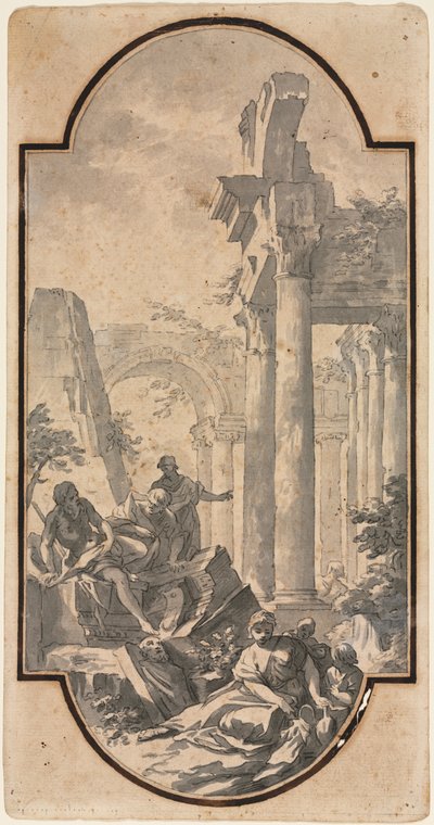 Figuras Cerca de las Ruinas de un Templo Corintio recto, Fragmento de un Arco trazado desde el recto de Andrea Locatelli