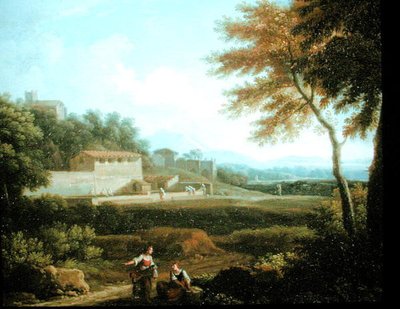 Paisaje con figuras en reposo con una ciudad al fondo de Andrea Locatelli