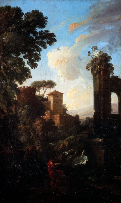 Paisaje con ruinas y pintor, por Andrea Locatelli de Andrea Locatelli