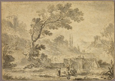 Lavanderas junto a un arroyo en un paisaje italianizante de Andrea Locatelli