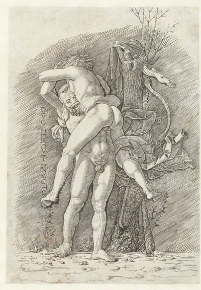 Hércules en Anteo El dios invencible Hércules (título sobre objeto) de Andrea Mantegna (school of)