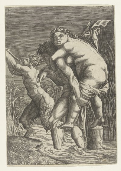 El hombre lleva a la mujer en la espalda y un sátiro de Andrea Mantegna (school of)