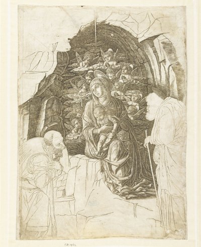 María con el niño rodeada de ángeles en la cueva con José y el rey en adoración de Andrea Mantegna (school of)
