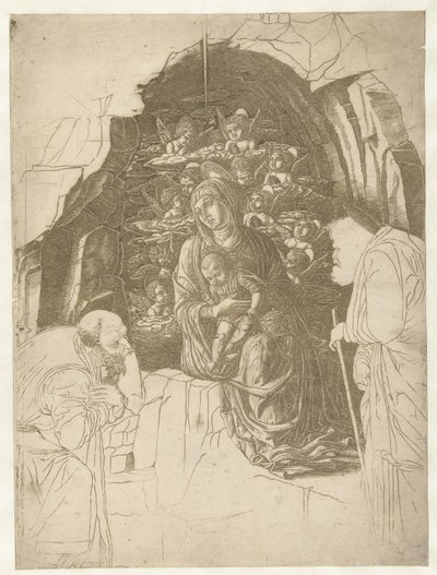 María con el niño rodeada de ángeles en la cueva con José y el rey en adoración de Andrea Mantegna (school of)
