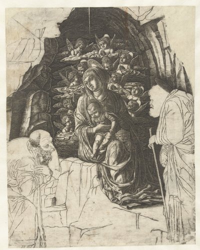 María y el niño rodeados de ángeles en la cueva con José y el rey en adoración de Andrea Mantegna (school of)