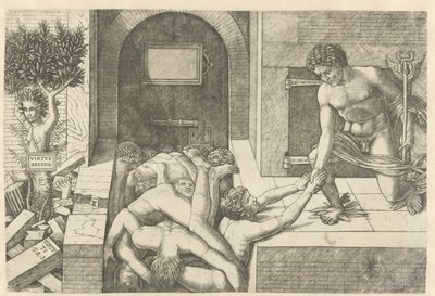 Mercurio como personificación de la Virtud salva almas en el limbo y Dafne se convierte en árbol Virtus Deserta (título sobre el objeto) de Andrea Mantegna (school of)