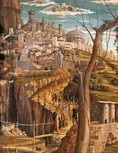 Agonía en el jardín (detalle de Jerusalén) de Andrea Mantegna