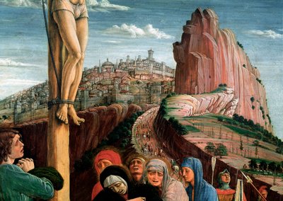 Retablo de San Zeno: crucifixión. Detalle. Temple sobre lienzo de Andrea Mantegna (1431-1506). 1459-1460. París, Museo del Louvre. de Andrea Mantegna