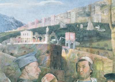 Llegada del Cardenal Francesco Gonzaga; detalle del fondo mostrando una vista idealizada de Roma de Andrea Mantegna