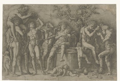 Bacanal con sátiros y bacantes en lagar de Andrea Mantegna
