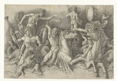 Batalla de los Dioses del Mar, con Envidia (Invidia) a la Izquierda Batalla entre sátiros montados en hipocampos y anciana como personificación de la envidia de pie en la espalda del dragón Batalla de los dioses del mar de Andrea Mantegna