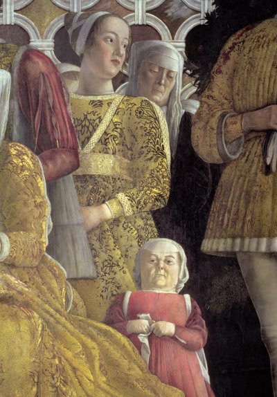 Enano y otros cortesanos del retrato grupal de la familia y corte de Marchese Ludovico Gonzaga III de Mantua (detalle) de Andrea Mantegna