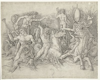 Batalla entre sátiros montados en hipocampos y anciana como personificación de la envidia de pie en la espalda del dragón Batalla de los dioses del mar de Andrea Mantegna