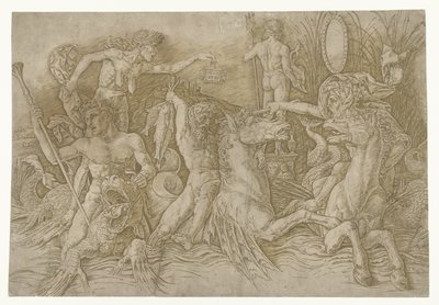 Batalla entre sátiros montados en hipocampos y anciana como personificación de la envidia de pie en la espalda del dragón Batalla de los dioses del mar de Andrea Mantegna