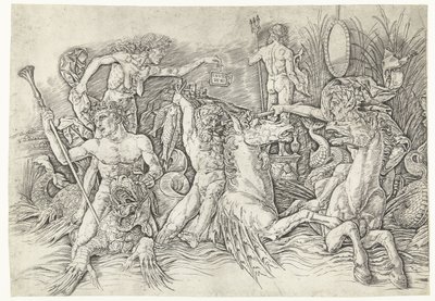 Batalla entre sátiros montados en hipocampos y anciana como personificación de la envidia de pie en la espalda del dragón Batalla de los dioses del mar de Andrea Mantegna