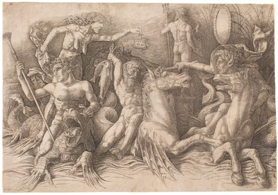 La lucha de los dioses del mar, mitad izquierda de Andrea Mantegna