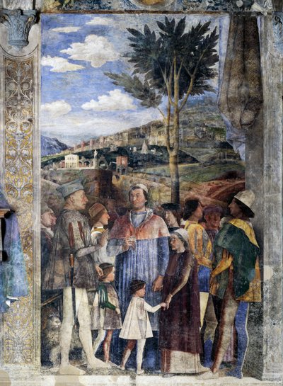L. Gonzaga, sus hijos el Cardenal Francesco Gonzaga, Federico I Gonzaga, Francesco, Sigismondo, a la derecha, el Emperador del Sacro Imperio Romano Federico III, Christian I de Dinamarca (detalle) de Andrea Mantegna