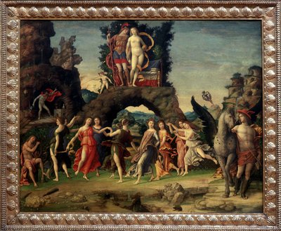 Marte y Venus o El Parnaso. Marte y Venus en la Roca, Pegaso y Mercurio, Apolo y las nueve musas Calíope (poesía épica), Clío (historia), Erato (arte lírico), Euterpe (música), Melpómene (tragedia), Polimnia (retórica), Terpsícore de Andrea Mantegna