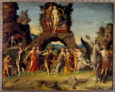 Marte y Venus o El Parnaso. Pintura que representa a Marte y Venus en la roca, Pegaso y Mercurio, Apolo y las nueve musas Calíope (poesía épica), Clío (historia), Erato (arte lírico), Euterpe (música), Melpómene (tragedia), Polimnia (retórica), Terpsícore de Andrea Mantegna