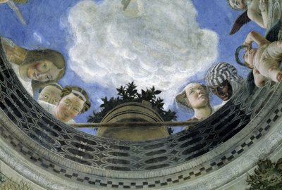 Occulus del techo de la Casa de los Esposos, Palacio Ducal de Mantua, Italia (Camera degli Sposi, Palazzo Ducale, Mantova): detalle de figuras alegóricas y putti. Fresco de Andrea Mantegna (1431-1506) de Andrea Mantegna