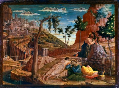 Oración en el Huerto de los Olivos Después de la última cena, Cristo va al monte de Getsemaní, que domina Jerusalén con los Apóstoles. Los soldados romanos se acercan para detenerlo. Retablo de San Zeno de Verona. Pintura (temple) sobre madera de Andrea Ma de Andrea Mantegna
