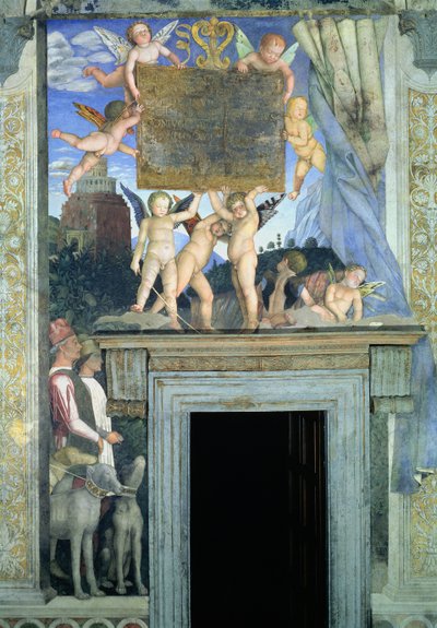 Putti con alas de mariposa sosteniendo la placa dedicatoria con perros de caza y sus manejadores abajo, de la Cámara de los Esposos o Cámara Picta, 1465-74 de Andrea Mantegna