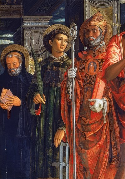 Altar de San Zeno. (detalle) 1457-1460. El detalle muestra a Agustín de Hipona, Lorenzo de Roma y Benito de Nursia de Andrea Mantegna