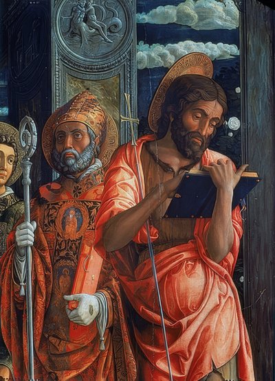 Altar de San Zeno. (detalle) 1457-1460. El detalle muestra a Juan el Bautista y Agustín de Hipona de Andrea Mantegna
