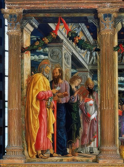 Altar de San Zeno. Lado izquierdo. Representados están Simón Pedro, Pablo de Tarso, Juan el Evangelista y Zenón de Verona de Andrea Mantegna
