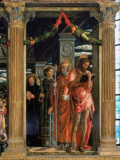 Altar de San Zeno. Lado derecho. El detalle muestra a Juan el Bautista, Lorenzo de Roma, Agustín de Hipona y Benito de Nursia de Andrea Mantegna