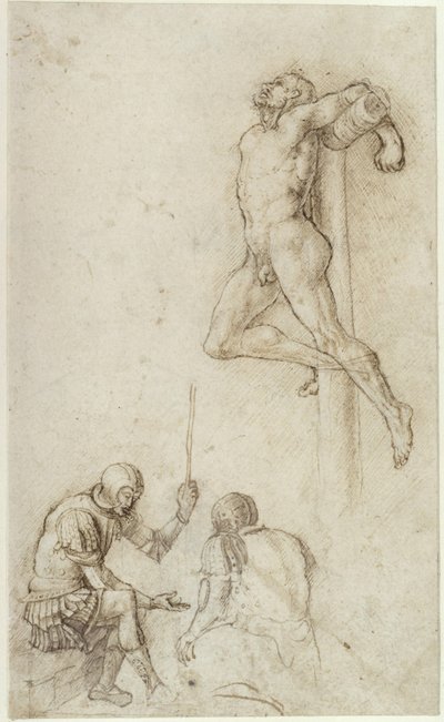 Ladrones en la cruz, debajo dos soldados jugando a los dados de Andrea Mantegna