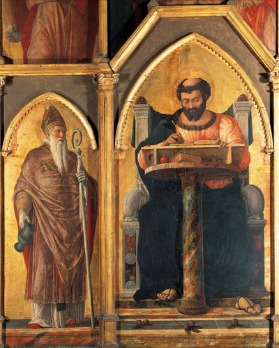 San Lucas en su escritorio y San Prosdocimus (detalle) de Andrea Mantegna