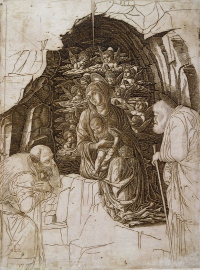 La adoración de los magos: La Virgen en la gruta, c.1475-80 de Andrea Mantegna