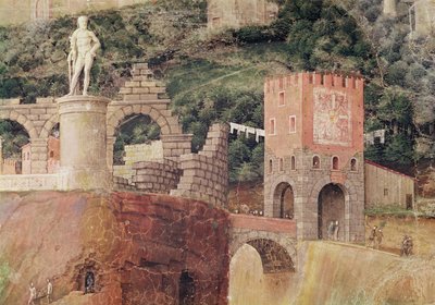 La Llegada del Cardenal Francesco Gonzaga, detalle del fondo que muestra una vista idealizada de Roma, c.1465-74 (detalle) de Andrea Mantegna
