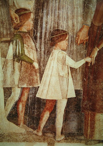 La Llegada del Cardenal Francesco Gonzaga, recibido por su padre el Marqués Ludovico Gonzaga III y sus hermanos, detalle de los niños Gonzaga, c.1465-74 (detalle) de Andrea Mantegna