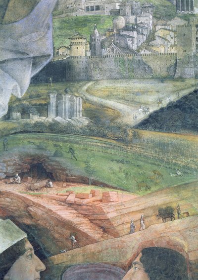 La llegada del Cardenal Francesco Gonzaga; canteras de mármol y una vista idealizada de Roma de Andrea Mantegna