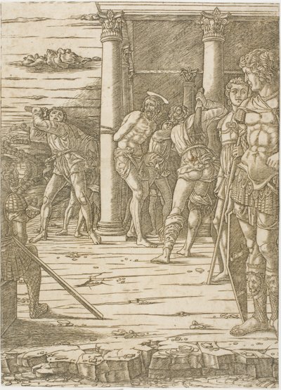La flagelación de Cristo, con el fondo del paisaje de Andrea Mantegna