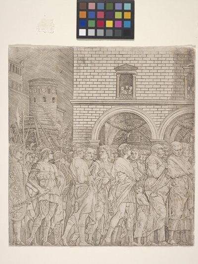Los senadores - El triunfo de Julio César (grabado sobre papel verjurado crema) de Andrea Mantegna