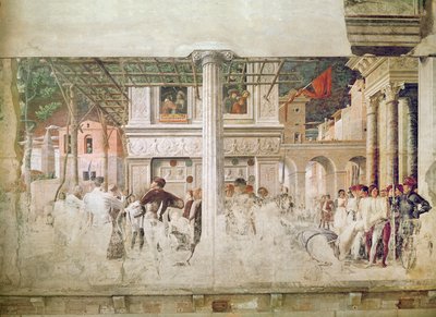 El martirio de San Cristóbal y el traslado de su cuerpo (antes de la restauración), c.1450-56 de Andrea Mantegna