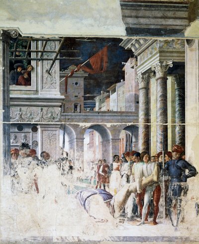 Transporte del cuerpo decapitado de San Cristóbal, detalle del Martirio de San Cristóbal de Andrea Mantegna