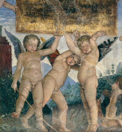 Querubines alados sosteniendo la placa dedicatoria (detalle) de Andrea Mantegna