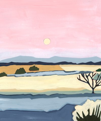 Atardecer rosa sobre Villacuri, 2023 (acrílico sobre papel) de Andrea Mejia
