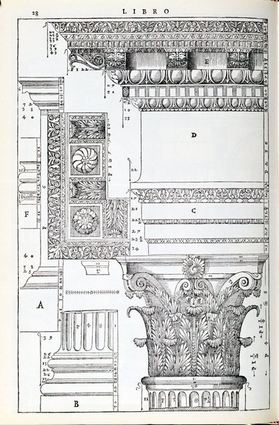 Detalles decorativos del Templo de Trajano, ilustración de una copia facsímil de 