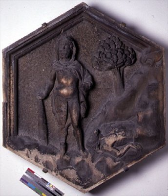 Caín y Abel, azulejo decorativo hexagonal de una serie que ilustra episodios del Génesis, posiblemente basado en diseños de Giotto, c.1334-48 de Andrea Pisano