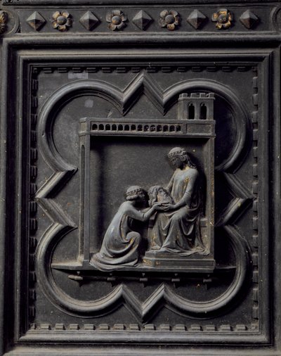 Salomé lleva la cabeza de San Juan Bautista a su madre Herodías, esposa de Herodes, decimoctavo panel de las Puertas del Sur del Baptisterio de San Giovanni, 1336 de Andrea Pisano
